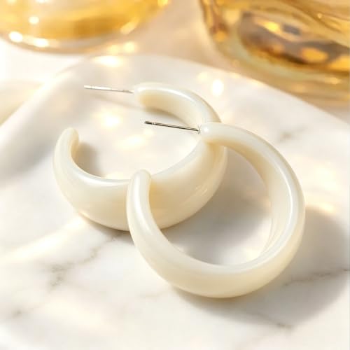 Chunky Acrylic Resin Hoop Earrings 80s 90s Statement Earrings | Thick Lightweight Costume Jewelry for Women Daily, Party, Vacation Wear, Gift for Her - color: White