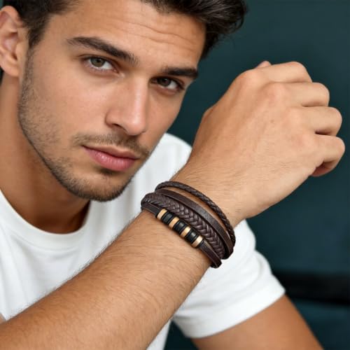 Italian Handmade Leather Bracelets for Men - color: Brown, size: 8.2"