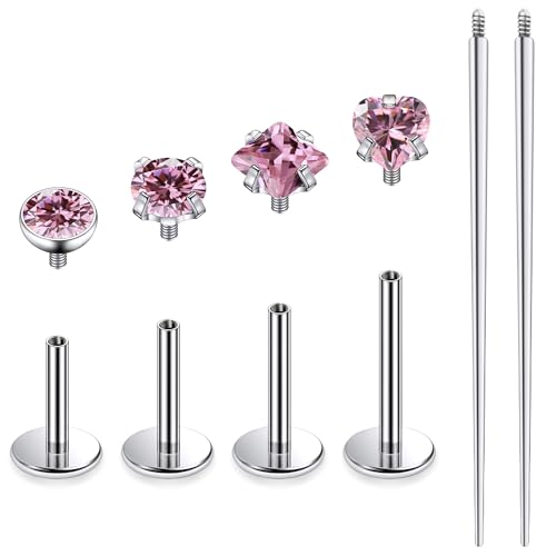 Titanium Flat Back Lip Rings Internally Threaded Earrings Studs Nose Rings 20G 18G 16G Round Heart Square CZ Tragus Cartilage Lobe Rook Helix Conch Labret Medusa Piercing Jewelry for Women Men - color: Pink CZ, size: 20G-6/8/10mm
