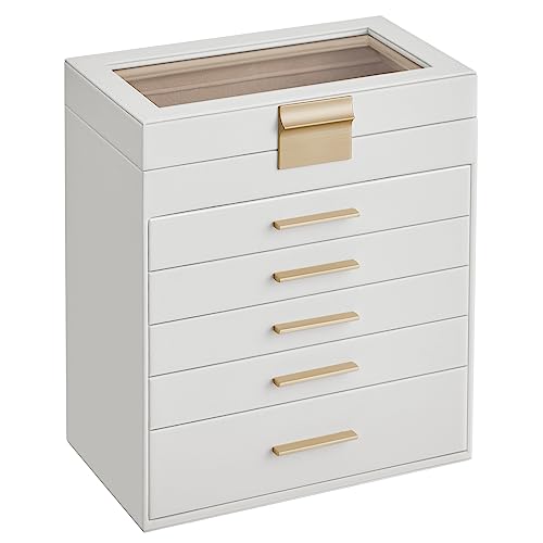 SONGMICS GISELLA Collection - Jewelry Box with Glass Lid, 6-Layer Jewelry Storage Organizer, 5 Drawers, for Sunglasses, Modern Style, Cloud White and Gold Color UJBC171W01 - color: Cloud White + Gold, size: 6 Layer (6.4"d X 9.9"w)