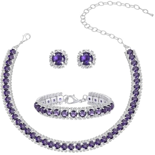 Women Rhinestone Crystal Jewelry Set Crystal Tennis Design Rhinestone Choker Necklace Link Bracelet Teardrop Earrings Set Wedding Bridal Bridesmaids Party - color: Silver Plated Purple Crystal