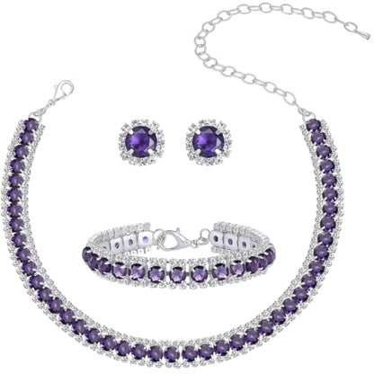 Women Rhinestone Crystal Jewelry Set Crystal Tennis Design Rhinestone Choker Necklace Link Bracelet Teardrop Earrings Set Wedding Bridal Bridesmaids Party - color: Silver Plated Purple Crystal