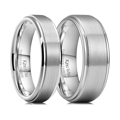 King Will Classic Tungsten Wedding Band for Men, 6/7/8/9/10mm Widths, Polished Finish Step Edge Matte Rings Comfort Fit - color: 6mm+8mm Silver