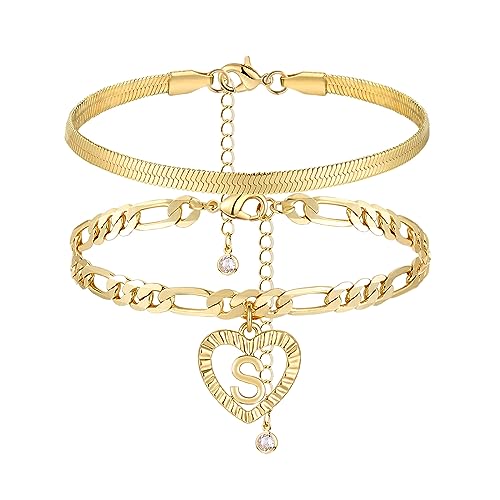 YANODA Gold Ankle Bracelets for Women Waterproof, 14k Gold Plated Layered Snake Anklets Figaro Chain Letter Initial Anklets Handmade Heart Ankle Bracelets Personalized for Women Beach Jewelry Gifts - color: S
