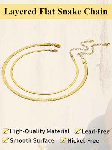 ChainsHouse Flat Snake Chain Herringbone Choker Necklace for Women, Stainless Steel/Rose Gold/18K Gold Plated Dainty Adjustable Simple Short Layered Necklaces, 12"/15"/18" with 3.5" Extender - color: b. layered-3mm+5mm-14k gold plated