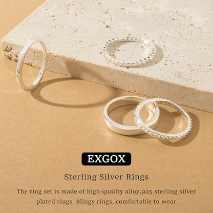 EXGOX Dainty Stackable Gold Rings - 14K Gold Plated, Non Tarnish Cubic Zirconia Stacking & Thumb Knuckle Rings (4pcs Size 7-11) - color: Silver Bands, size: 11