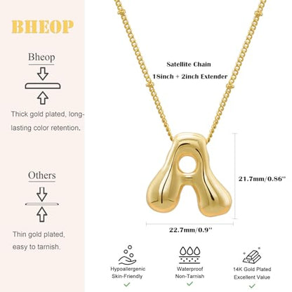 Bheop Initial Necklace for Women, Gold Silver A-Z Bubble Letter Necklace | Chunky Personalized Monogram Name Pendant, Cute Balloon Charm, Dainty Beaded Chain, Trendy Jewelry Gifts, Non Tarnish - color: Gold, style: I