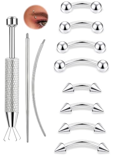 11Pcs Eyebrow Piercing Jewelry with Grabber Tool 14G/16G Stainless Steel Curved Barbell Eyebrow Jewelry Hypoallergenic Eyebrow Rings Rook Vertical Labret Navel Daith Lip Helix Conch Daith for Women Men 6mm/8mm/10mm/12mm - color: Silver, size: 16G