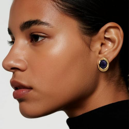 Jean Beau Chunky Gold Stone Stud Earrings for Women, Trendy Natural Gemstone Hypoallergenic Earing Valentine Jewelry Gift - color: Navy Blue