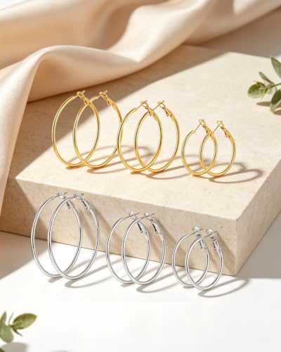 4 Pairs Silver Hoop Earrings for Women 30/40/50/60mm | Hypoallergenic, Stainless Steel, Big Thin Lightweight, Dangle Set - color: 6 Pairs Silver/Gold-30/40/50mm