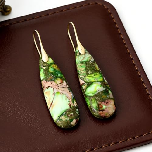 Boho Natural Imperial Jasper Teardrop Dangle Earrings for Women – Hypoallergenic French Hook Stone Drop Earrings Jewelry - color: Green Golden Hook #2