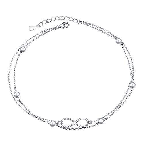 Flyow Anklet for Women S925 Sterling Silver Adjustable Foot Beaded Heart Charm Ankle Bracelet Anklets Jewelry - style: infinity 9+1