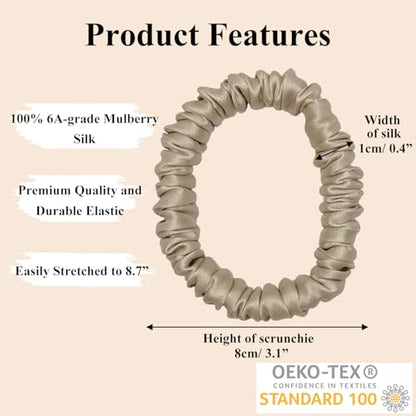 VLOMOT 3 Pcs Set 100% Pure Mulberry Silk Hair Scrunchies (Champagne) | Silk Hair Ties for Thin Hair with 3 Chic Colors Everyday Skinny Scrunchies Silk Ponytail Holders Hair Care No Damage - color: Champagne