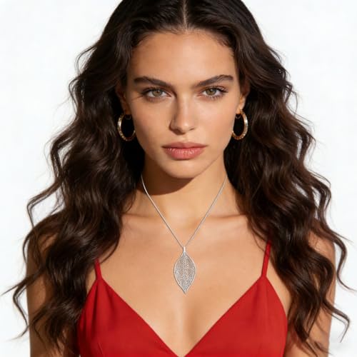 NLCAC Filigree Leaf Pedant Necklace Snake Chain Gorgeous Hollow Leaf Necklace for Women - color: Silver Tone