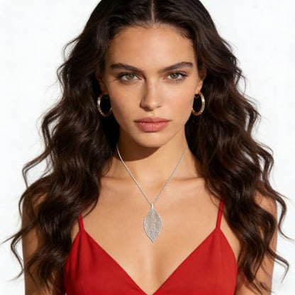 NLCAC Filigree Leaf Pedant Necklace Snake Chain Gorgeous Hollow Leaf Necklace for Women - color: Silver Tone