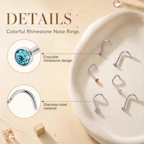 20G Colorful Rhinestone Steel Screw Nose Rings Studs Bar Pin Piercing Jewelry - color: silver