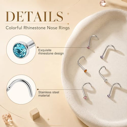 20G Colorful Rhinestone Steel Screw Nose Rings Studs Bar Pin Piercing Jewelry - color: silver