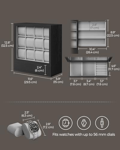 SONGMICS Watch Box 12-Slot Watch Display Case with Window | Solid Wood Veneer, Velvet Lining, Vertical Storage, Space Saving, Gift Idea, Ebony Black, UJOW014B01 - color: Ebony Black, size: 12 Slot