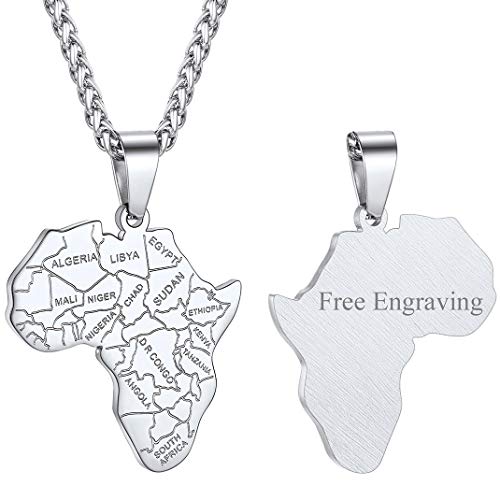 GOLDCHIC JEWELRY Africa Map Necklace for Men, Stainless Steel African Tribal/Egyptian Eye of Horus/I LOVE AFRICA/Elephant Map Hiphop Jewelry Unisex with 22'+2'Adjustable Chain - color: Africa Map - Stainless Steel, style: Personalised Engraving