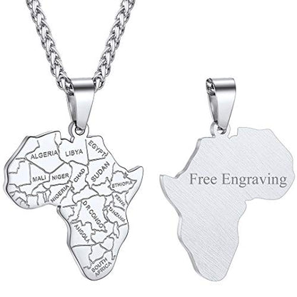 GOLDCHIC JEWELRY Africa Map Necklace for Men, Stainless Steel African Tribal/Egyptian Eye of Horus/I LOVE AFRICA/Elephant Map Hiphop Jewelry Unisex with 22'+2'Adjustable Chain - color: Africa Map - Stainless Steel, style: Personalised Engraving