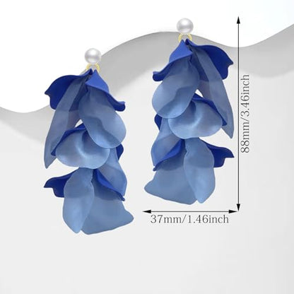 Handmade Bohemian Lightweight Fabric Flower Dangle Drop Earrings Chic Pearl Large Tassel Petal Stud Earrings For Women - color: Blue