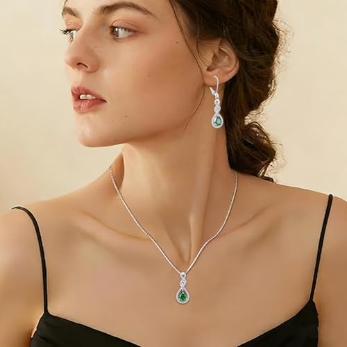 Women 925 Sterling Silver Twist Infinity Teardrop Necklace Earrings 5A Cubic Zirconia Green May Birthstone Emerald Color Jewelry Set