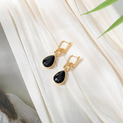 Crystals Teardrop Dangle Drop Earrings, 18K Gold Plated Hoop Earrings Zirconia Jewelry for Women Gifts - color: Black-Long