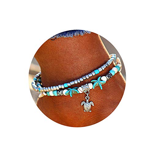 Softones Blue Starfish Turtle Anklet Multilayer Charm Beads Sea Handmade Boho Anklet Foot Jewelry for Women - style: A:Turtle 1