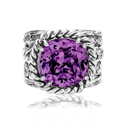 JEAN RACHEL JEWELRY 925 Sterling Silver Braid Leaf Cushion Ring | Ornate statement ring beautifully adorned with sculpted leaf motifs, twisted rope braids, and a CZ center stone. - color: Amethyst CZ