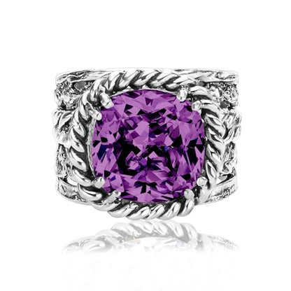 JEAN RACHEL JEWELRY 925 Sterling Silver Braid Leaf Cushion Ring | Ornate statement ring beautifully adorned with sculpted leaf motifs, twisted rope braids, and a CZ center stone. - color: Amethyst CZ