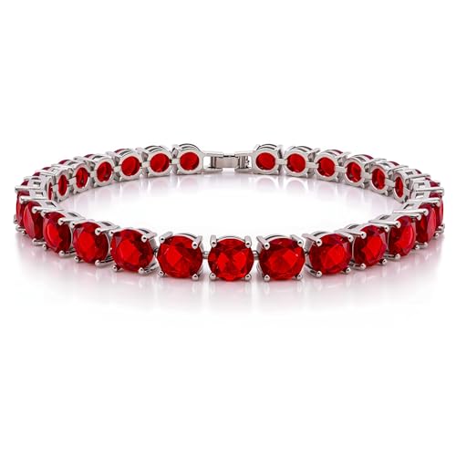 KEZEF Tennis Bracelet for Women, 7mm Round CZ, Silver Plated Brass, 6.5–8 Inch, Fold-Over Clasp - color: Simulated Red Ruby, size: 7 Inch