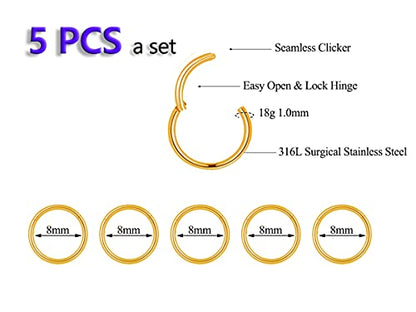 5Pcs 16G 18G Surgical Steel Nose Rings Hoop Tragus Septum Cartilage Hoop Earrings For Women Men Body Piercing Jewelry Kit Bar Length 6mm/8mm/10mm/12mm/14mm - style: 5Pcs -18G - Gold - 8mm