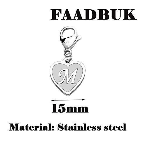 FAADBUK Initial Letter A-Z Alphabet Heart Charms for Jewelry Bracelet Keychain Necklace Initial Stainless steel Clasp Clip on Charm - color: intial M