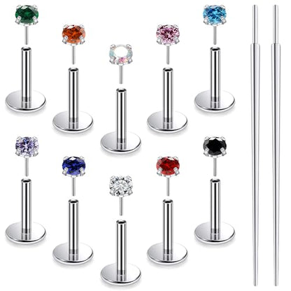 Titanium Flat Back Lip Rings Threadless Push in Earrings Studs Nose Rings 20G 18G 16G Mix Colors CZ Tragus Cartilage Lobe Rook Helix Conch Labret Medusa Nostril Piercing Jewelry for Women Men - size: 20G 6mm - 2mm CZ