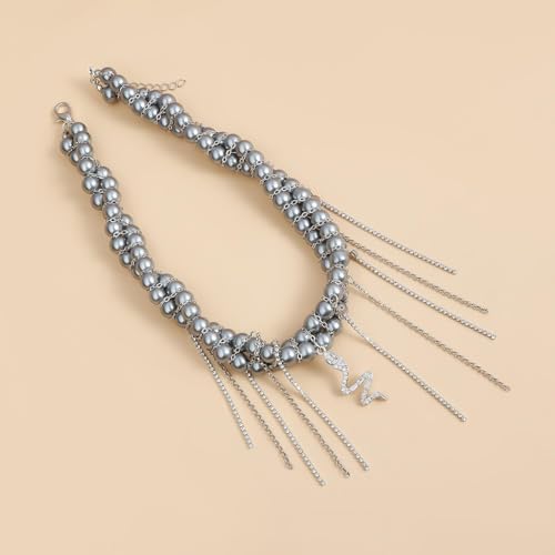 Gold Statement Choker Necklace for Women – Trendy Silver Long Layered Snake Chain Drop Necklace, Elegant Prom Party Jewelry Gift, Delicate Accessories for Her - color: E-Serpentine pendant tassel texture collarbone chain necklace