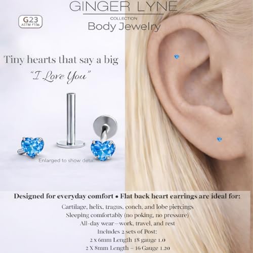 Titanium Heart CZ Labret Stud Earrings for Piercings by Ginger Lyne 6Pc Set G23 Screw Front Flat Back Body Jewelry 2 pair post 6mm, 8mm Cartilage, Helix, Tragus, Lip, Conch, Lobe - color: 3mm-Blue