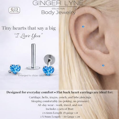 Titanium Heart CZ Labret Stud Earrings for Piercings by Ginger Lyne 6Pc Set G23 Screw Front Flat Back Body Jewelry 2 pair post 6mm, 8mm Cartilage, Helix, Tragus, Lip, Conch, Lobe - color: 3mm-Blue