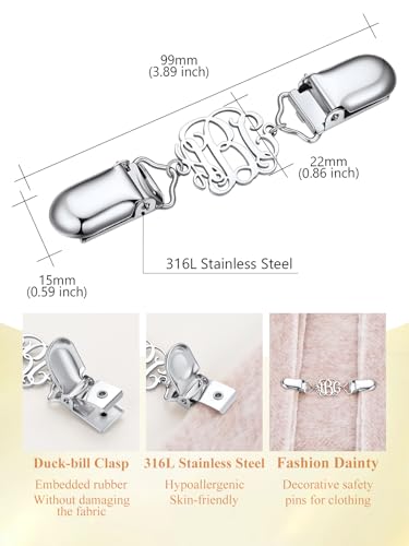 Custom4U Personalized Sweater Clips for Cardigans, Custom Name Initials Cinch Clip, Stainless Steel Dress Clips Back Cinch Shirt Clips for Women Clothing, Shawl Dress Shirts Cincher Small Brooch Jewelry Gifts - color: Steel Color-Monogram