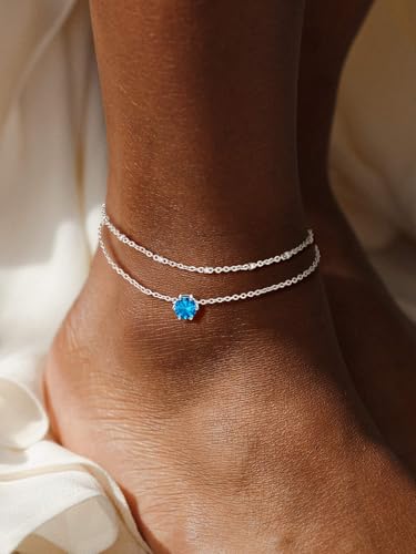 U7 Silver Ankle Bracelet for Women, Waterproof Layered Ankle Round Gem Birthstone Anklets, Summer Beach Foot Jewelry, Adjustable 8.5"-10.5" - color: 12.December-Blue Topaz
