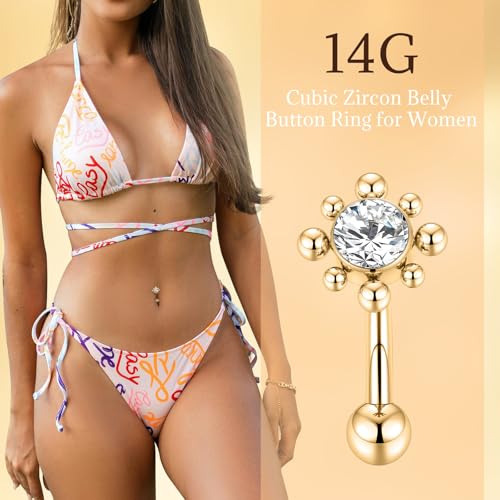 PEAKLINK G23 Titanium Belly Button Ring 14G Belly Piercing Jewelry Belly Barbell Navel Ring Navel Barbell Stud 8mm 10mm 12mm - color: Style2:Gold with Clear CZ