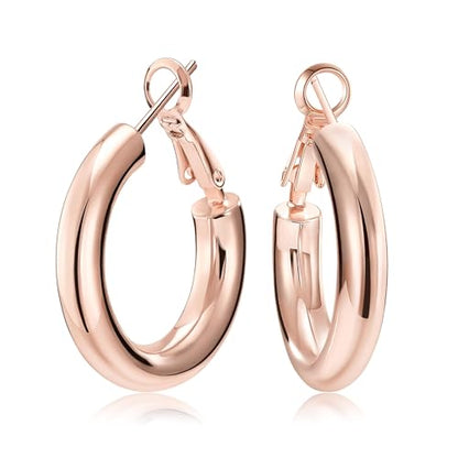 SHOWNII Chunky Gold Hoop Earrings - 14K Gold Plated Earrings for Women Hollow Tube Lightweight Thick Hoops 20/25/30/40mm Valentines Graduation Mother's Day Birthday Gifts - color: 25 Millimeters-Rose Gold Plated