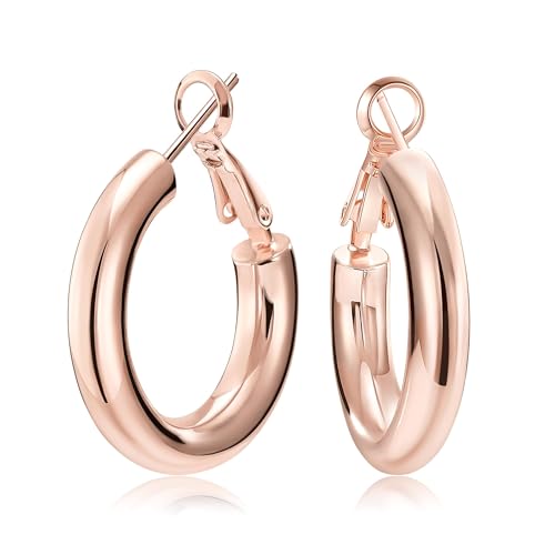 SHOWNII Chunky Gold Hoop Earrings - 14K Gold Plated Earrings for Women Hollow Tube Lightweight Thick Hoops 20/25/30/40mm Valentines Graduation Mother's Day Birthday Gifts - color: 25 Millimeters-Rose Gold Plated