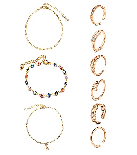 MODRSA Toe Rings for Women Toe Rings and Anklets for Women Toe Ring Adjustable Toe Rings Silver Rose Gold - color: C-toe rings +anklets- rose gold