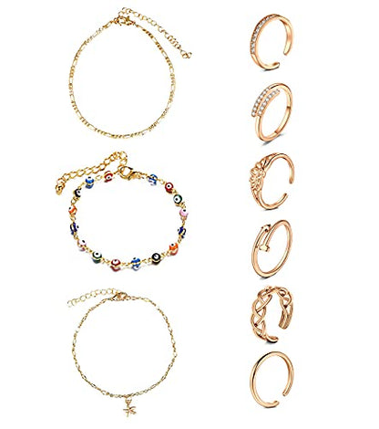 MODRSA Toe Rings for Women Toe Rings and Anklets for Women Toe Ring Adjustable Toe Rings Silver Rose Gold - color: C-toe rings +anklets- rose gold