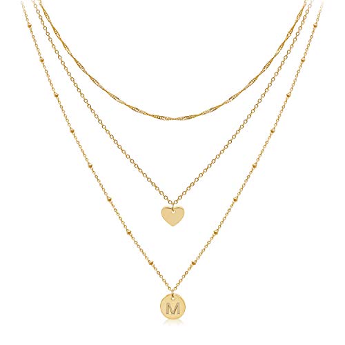 Layered Initial Choker Necklaces Handmade 14K Gold Plated Dainty Heart Personalized Letter Disc Pendant Layering Gold Necklaces for Women Gift Jewelry,Valentines Day Gifts for Mom Wife Girlfriend - style: M