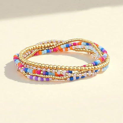 14K Gold Plated Beaded Bracelets Stack Set for Women,Stretch Boho Ball Jewelry Friendship Trendy - color: Colorful