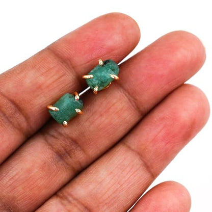 YASHEE Emerald Crystals Stud Earring, Raw Stone, Chakra Energy Healing Gemstone, Real Crystal, May Birthstone, Women & Girls Push Back Earrings, Gold Plated Christmas Gift Jewelry