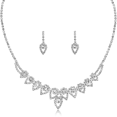 Silver Plated Elegant Necklace Earrings Bride Bridesmaid Jewelry Sets for Wedding Prom Crystal Jewelry Set for Women Costume Accessories - color: 04-Silver Plated