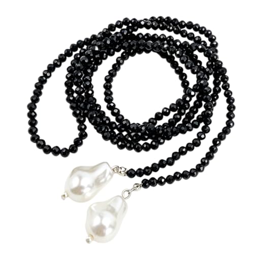 Crystal Beaded Lariat Necklace with Baroque Pearl Drops, Adjustable Y-Shaped Wrap Choker, Elegant Layered Chain Jewelry for Women Daily & Formal Wear - color: black