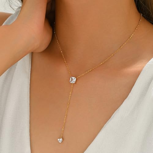 Dainty Y-Shaped Lariat CZ Drop Charm Pendant Necklaces for Women - color: Square-CZ-GD